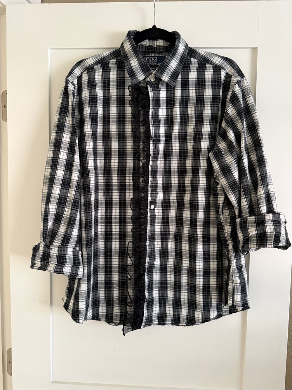 Polo by Ralph Lauren Black and White Plaid Button-Down Shirt with Ruffle Trim